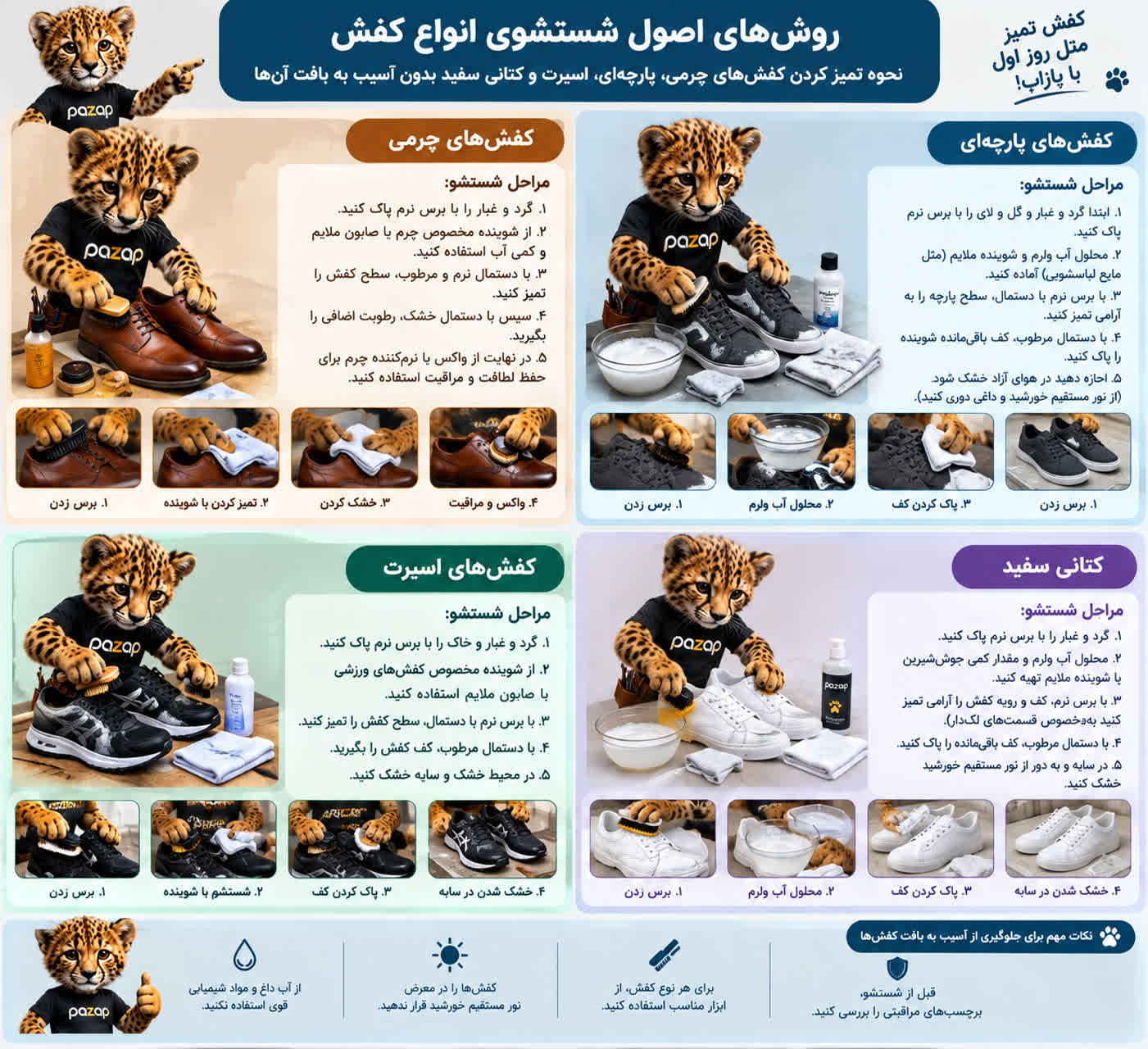 روش اصولی شستشوی انواع کفش؛ راهنمای تمیز کردن کفش چرمی، پارچه‌ای، اسپرت و کتانی سفید