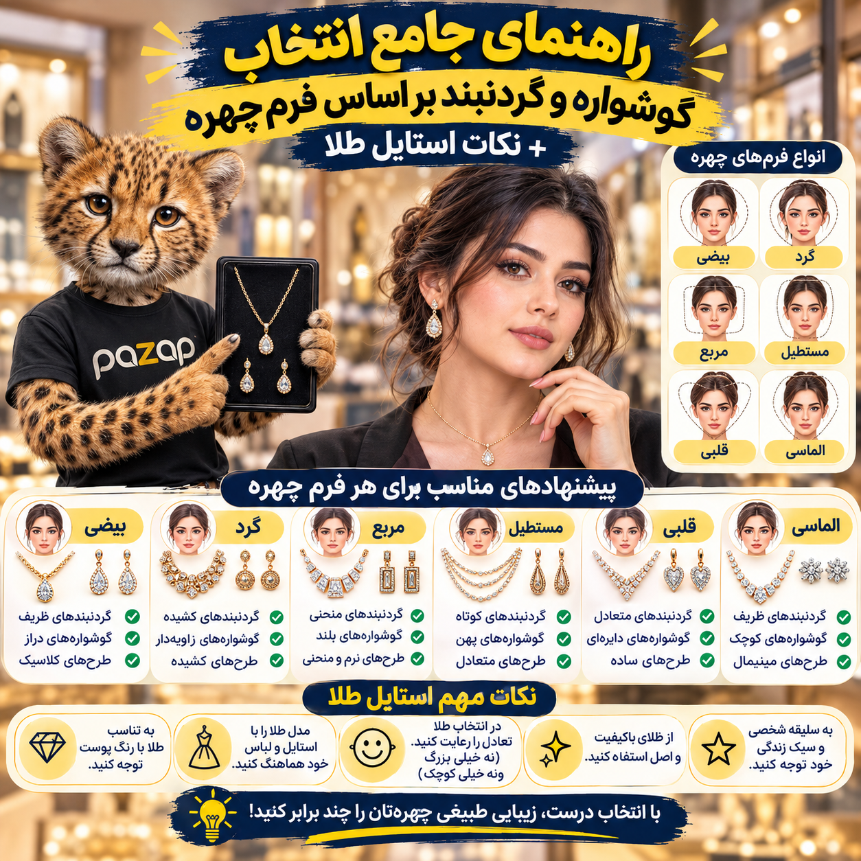راهنمای جامع انتخاب گوشواره و گردنبند بر اساس فرم چهره + نکات استایل طلا